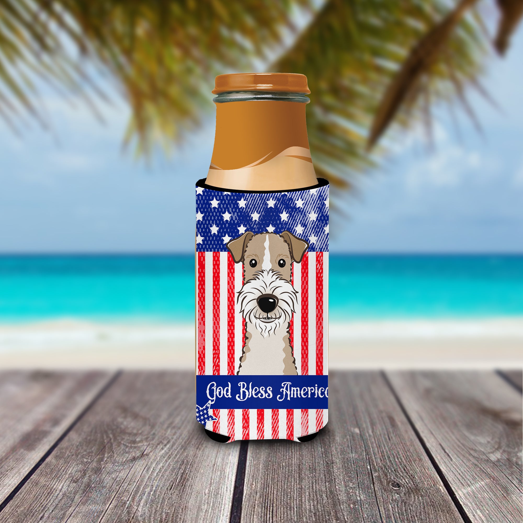 God Bless American Flag with Wire Haired Fox Terrier  Ultra Beverage Insulator for slim cans BB2177MUK  the-store.com.