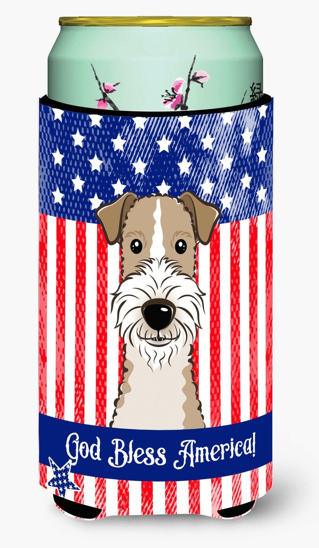 God Bless American Flag with Wire Haired Fox Terrier Tall Boy Beverage Insulator Hugger BB2177TBC by Caroline&#39;s Treasures