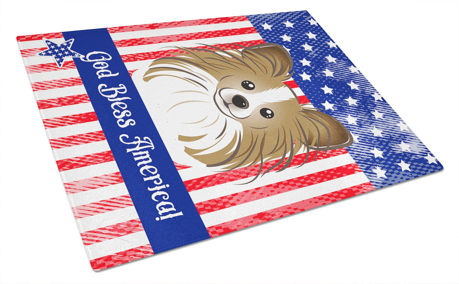 God Bless American Flag with Papillon Glass Cutting Board Large BB2178LCB by Caroline's Treasures