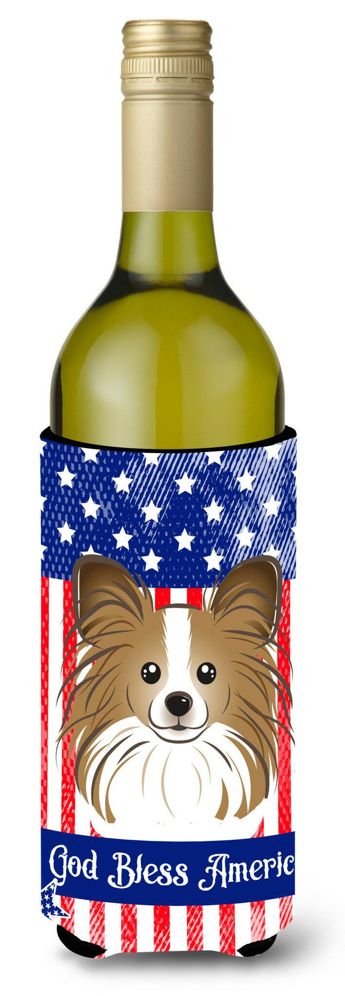 God Bless American Flag with Papillon Wine Bottle Beverage Insulator Hugger BB2178LITERK by Caroline's Treasures