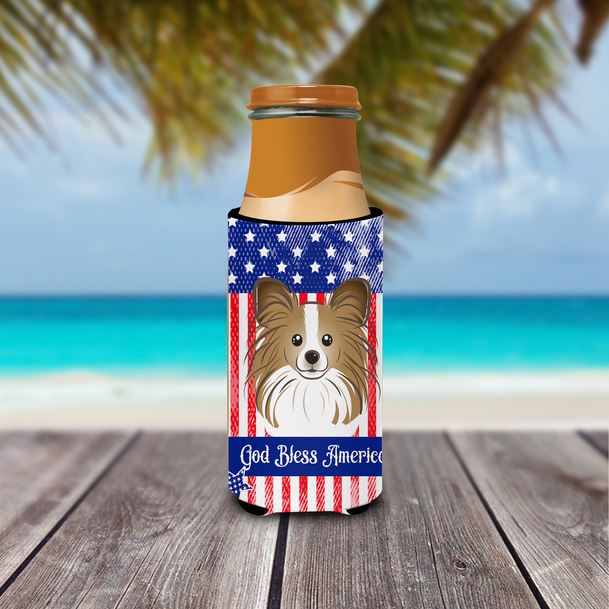 God Bless American Flag with Papillon  Ultra Beverage Insulator for slim cans BB2178MUK  the-store.com.
