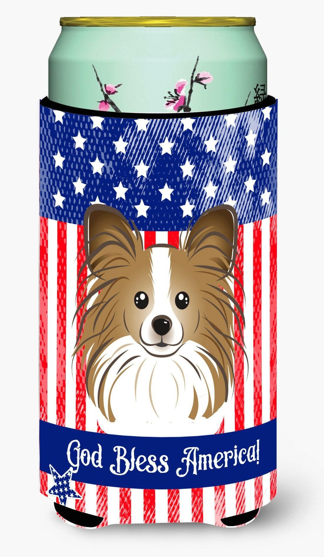 God Bless American Flag with Papillon Tall Boy Beverage Insulator Hugger BB2178TBC by Caroline&#39;s Treasures