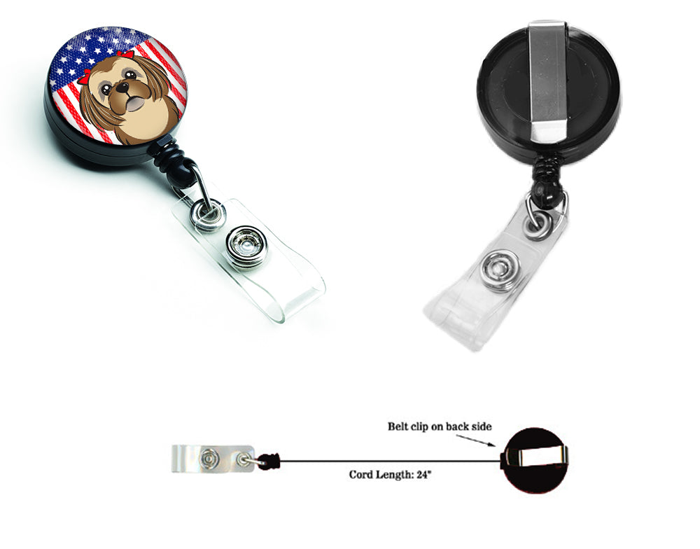 American Flag and Chocolate Brown Shih Tzu Retractable Badge Reel BB2179BR