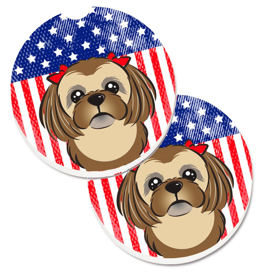 American Flag and Chocolate Brown Shih Tzu Set of 2 Cup Holder Car Coasters BB2179CARC by Caroline&#39;s Treasures
