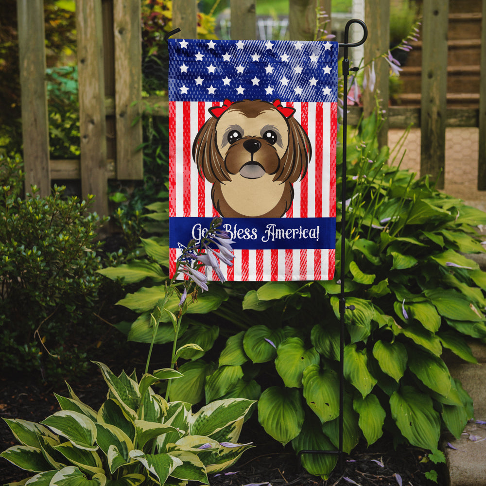 God Bless American Flag with Chocolate Brown Shih Tzu Flag Garden Size BB2179GF.