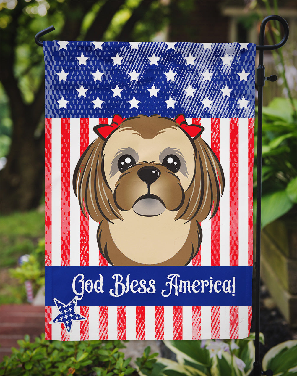 God Bless American Flag with Chocolate Brown Shih Tzu Flag Garden Size BB2179GF
