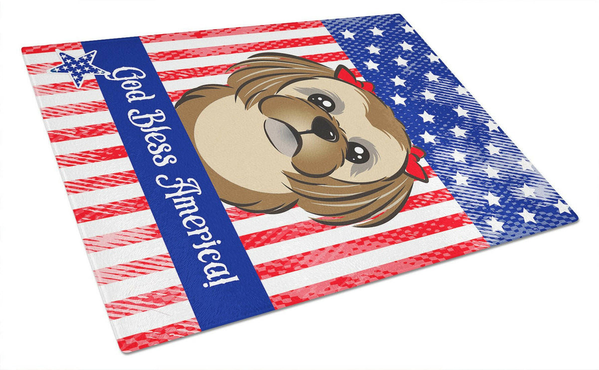 God Bless American Flag with Chocolate Brown Shih Tzu Glass Cutting Board Large BB2179LCB by Caroline&#39;s Treasures
