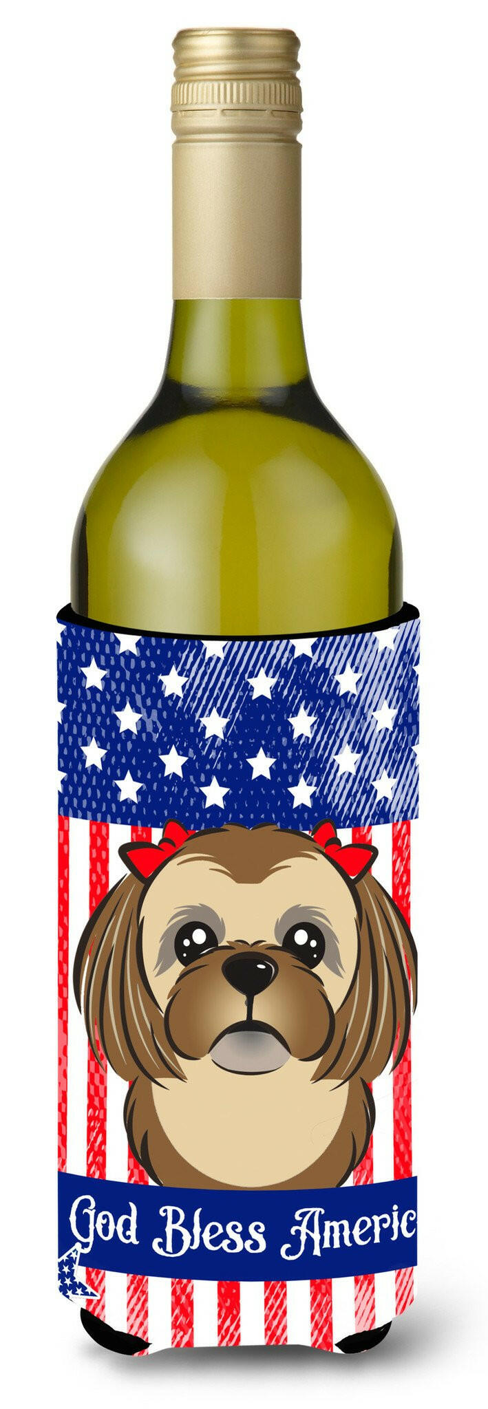 God Bless American Flag with Chocolate Brown Shih Tzu Wine Bottle Beverage Insulator Hugger BB2179LITERK by Caroline&#39;s Treasures