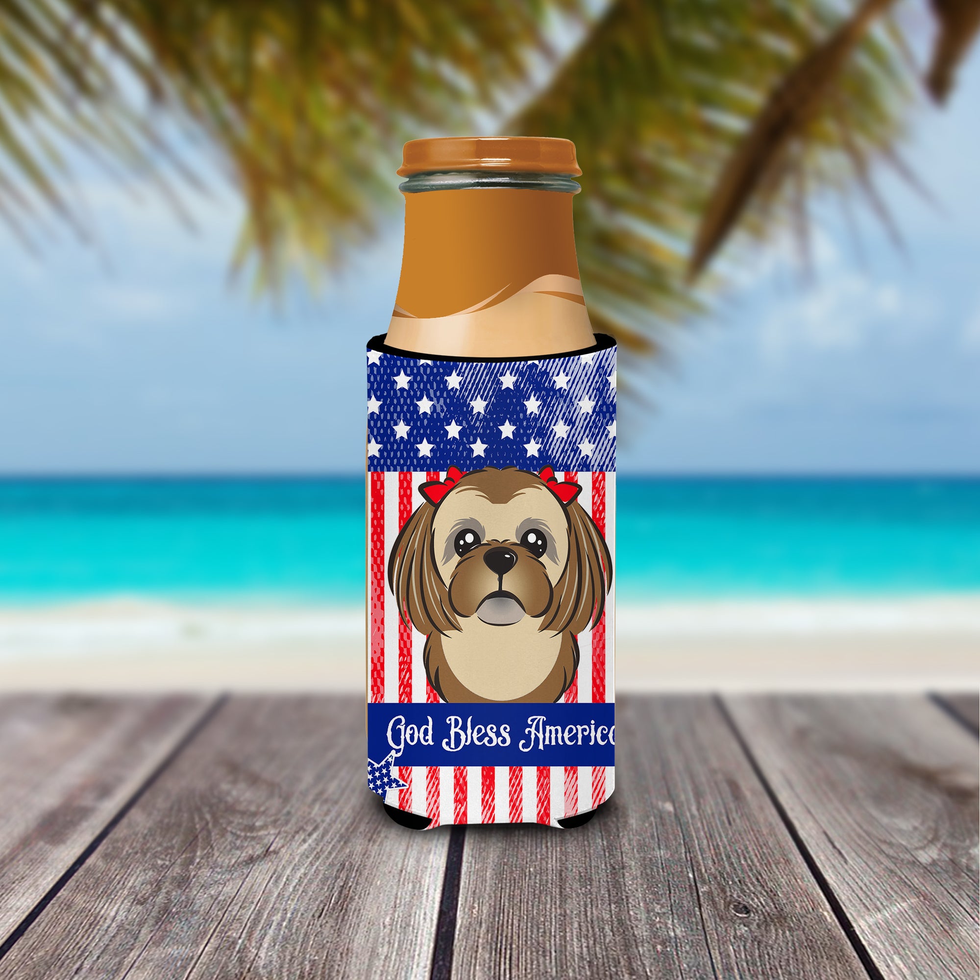 God Bless American Flag with Chocolate Brown Shih Tzu  Ultra Beverage Insulator for slim cans BB2179MUK  the-store.com.