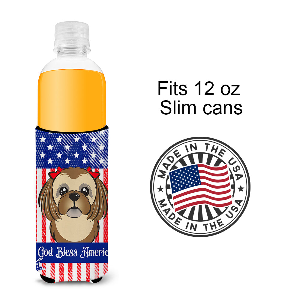 God Bless American Flag with Chocolate Brown Shih Tzu  Ultra Beverage Insulator for slim cans BB2179MUK  the-store.com.