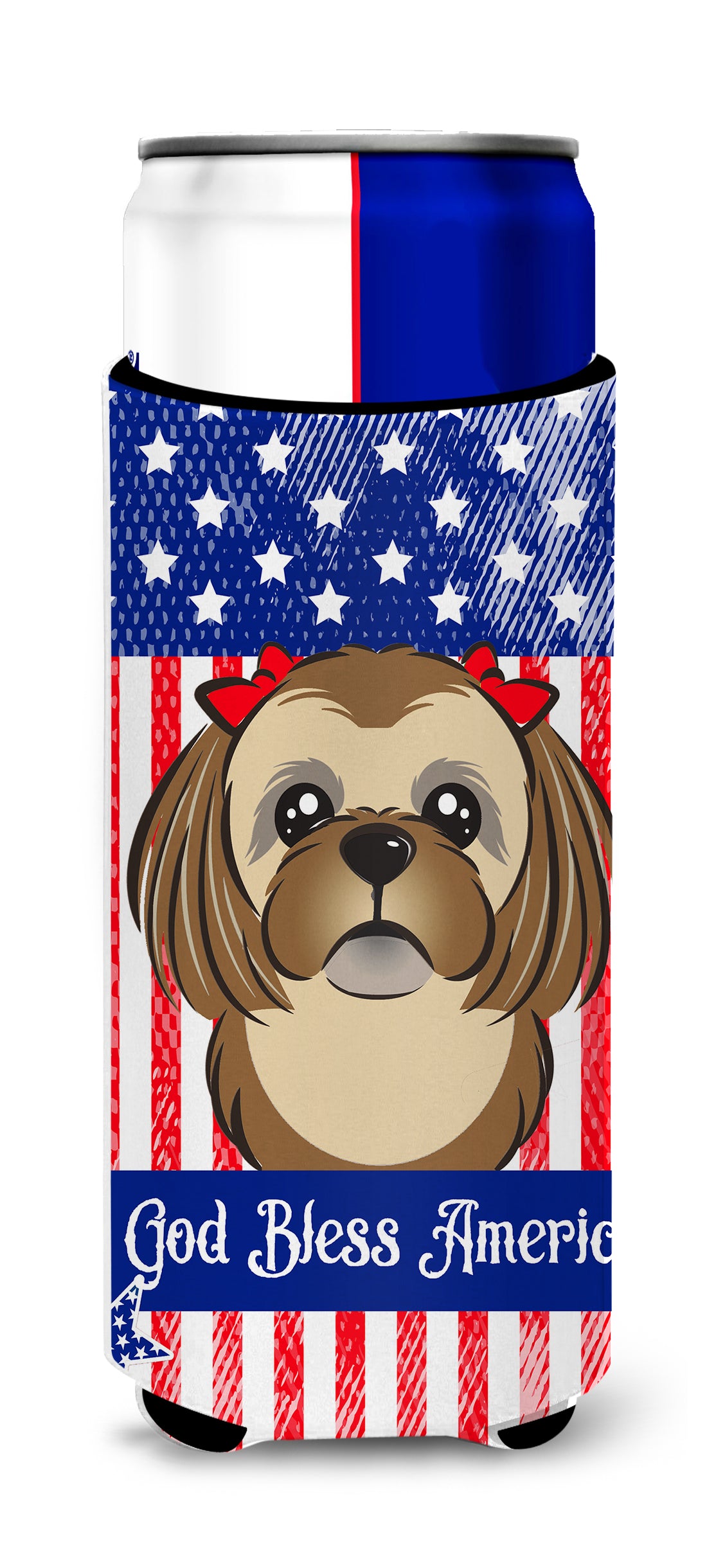 God Bless American Flag with Chocolate Brown Shih Tzu Michelob Ultra Beverage Insulator pour canettes minces BB2179MUK