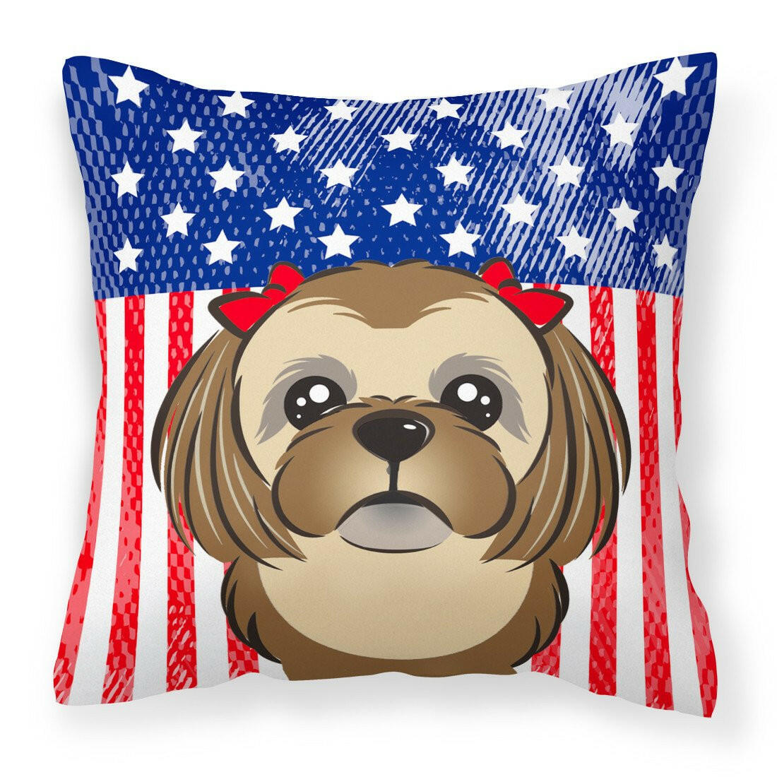 American Flag and Chocolate Brown Shih Tzu Fabric Decorative Pillow BB2179PW1414 - the-store.com