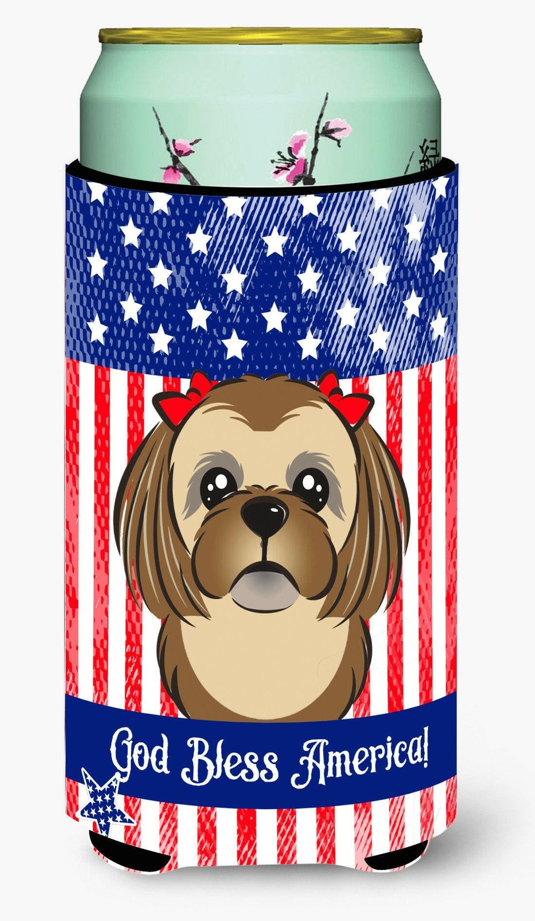 God Bless American Flag with Chocolate Brown Shih Tzu Tall Boy Beverage Insulator Hugger BB2179TBC by Caroline&#39;s Treasures