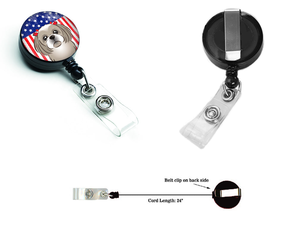 American Flag and Gray Silver Shih Tzu Retractable Badge Reel BB2180BR