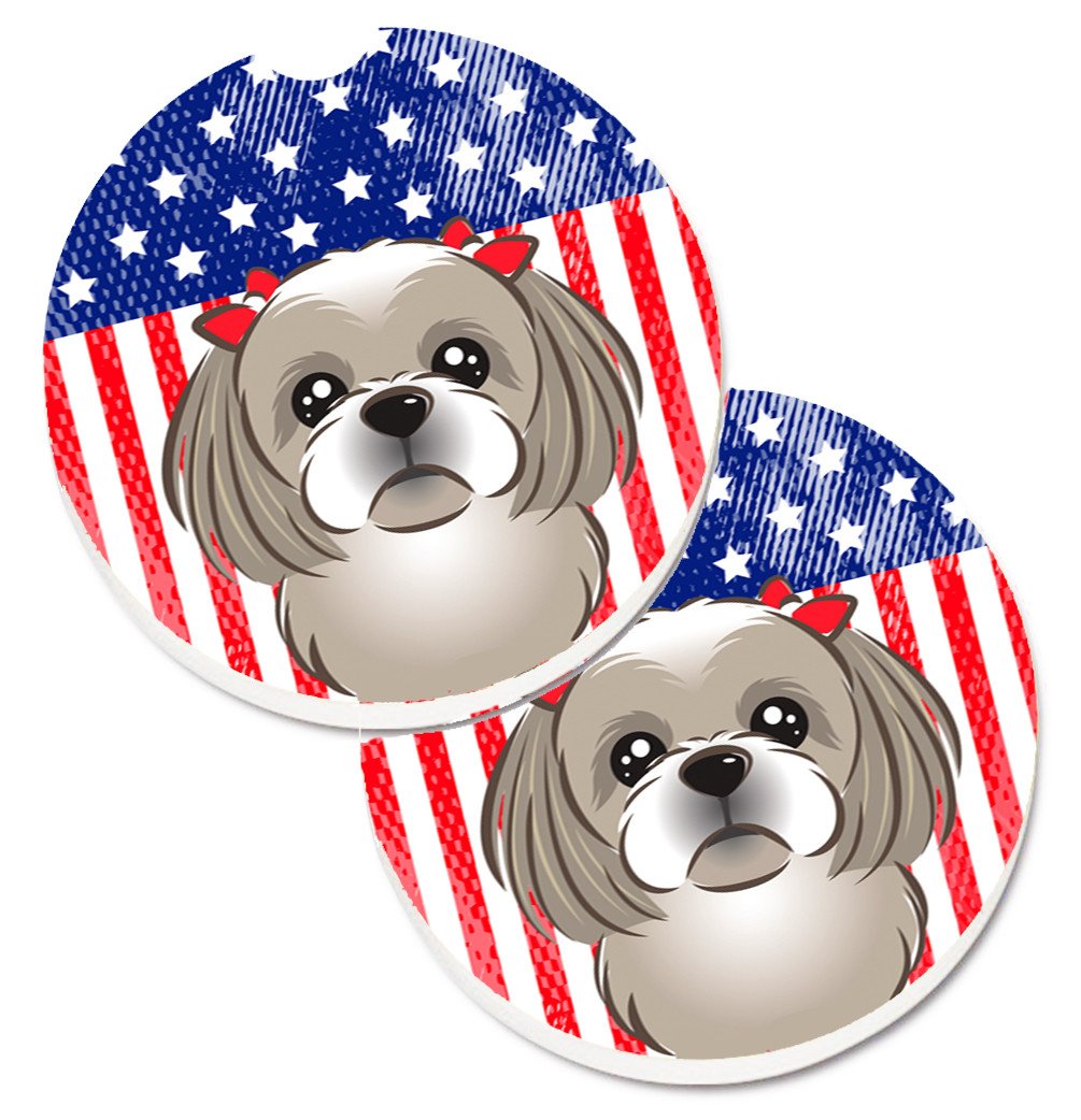 American Flag and Gray Silver Shih Tzu Set of 2 Cup Holder Car Coasters BB2180CARC by Caroline&#39;s Treasures