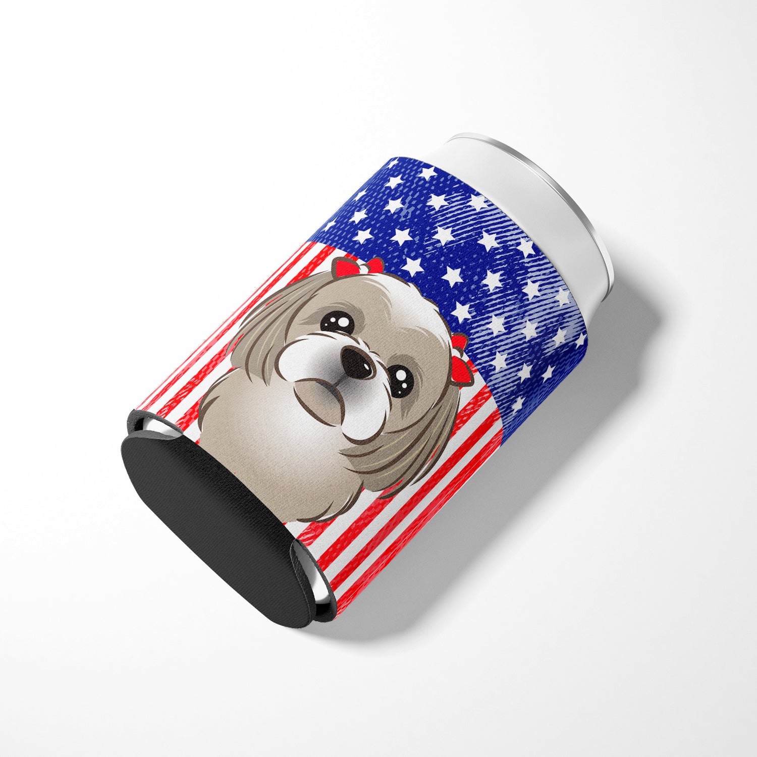 American Flag and Gray Silver Shih Tzu Can or Bottle Hugger BB2180CC