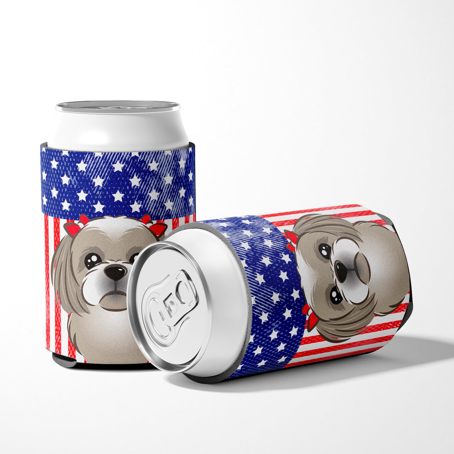 American Flag and Gray Silver Shih Tzu Can or Bottle Hugger BB2180CC