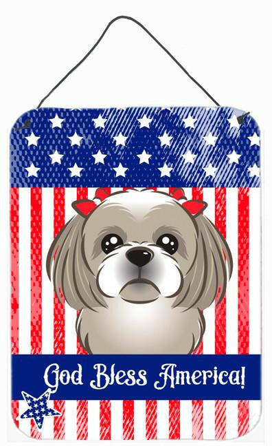 God Bless American Flag with Gray Silver Shih Tzu Wall or Door Hanging Prints BB2180DS1216 by Caroline's Treasures