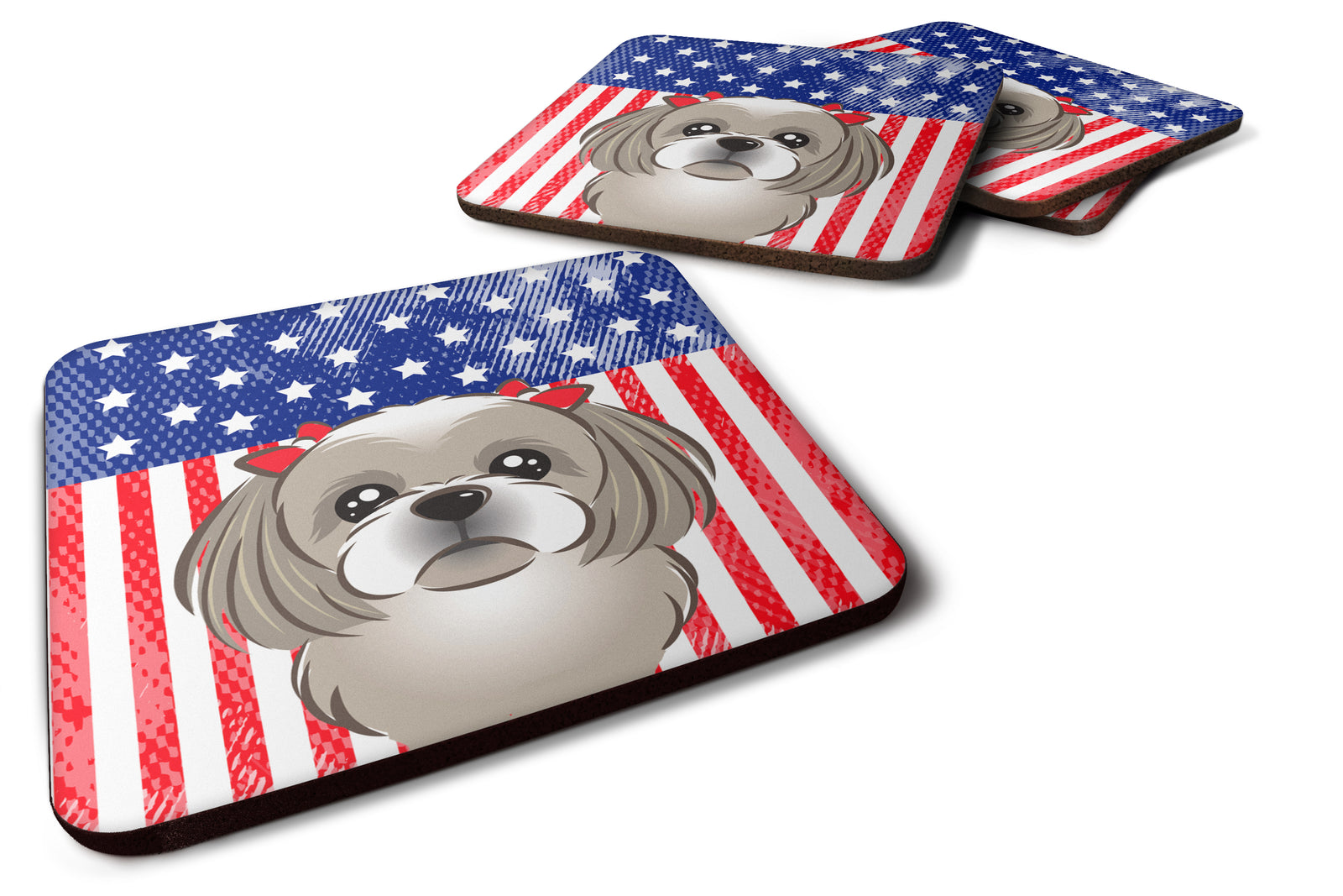 American Flag and Gray Silver Shih Tzu Foam Coaster Set of 4 - the-store.com