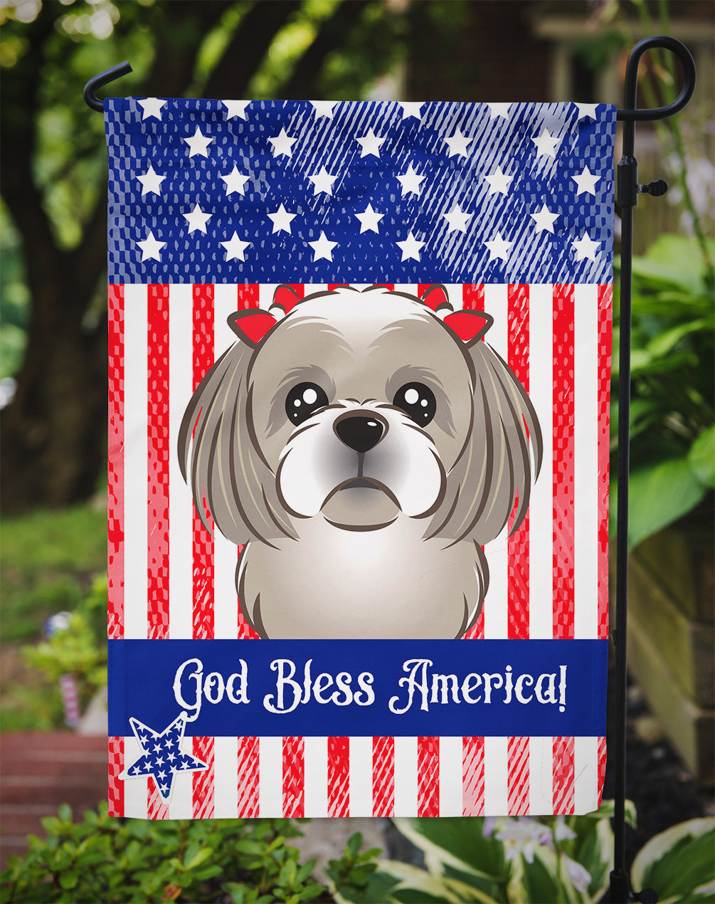 God Bless American Flag with Gray Silver Shih Tzu Flag Garden Size BB2180GF.