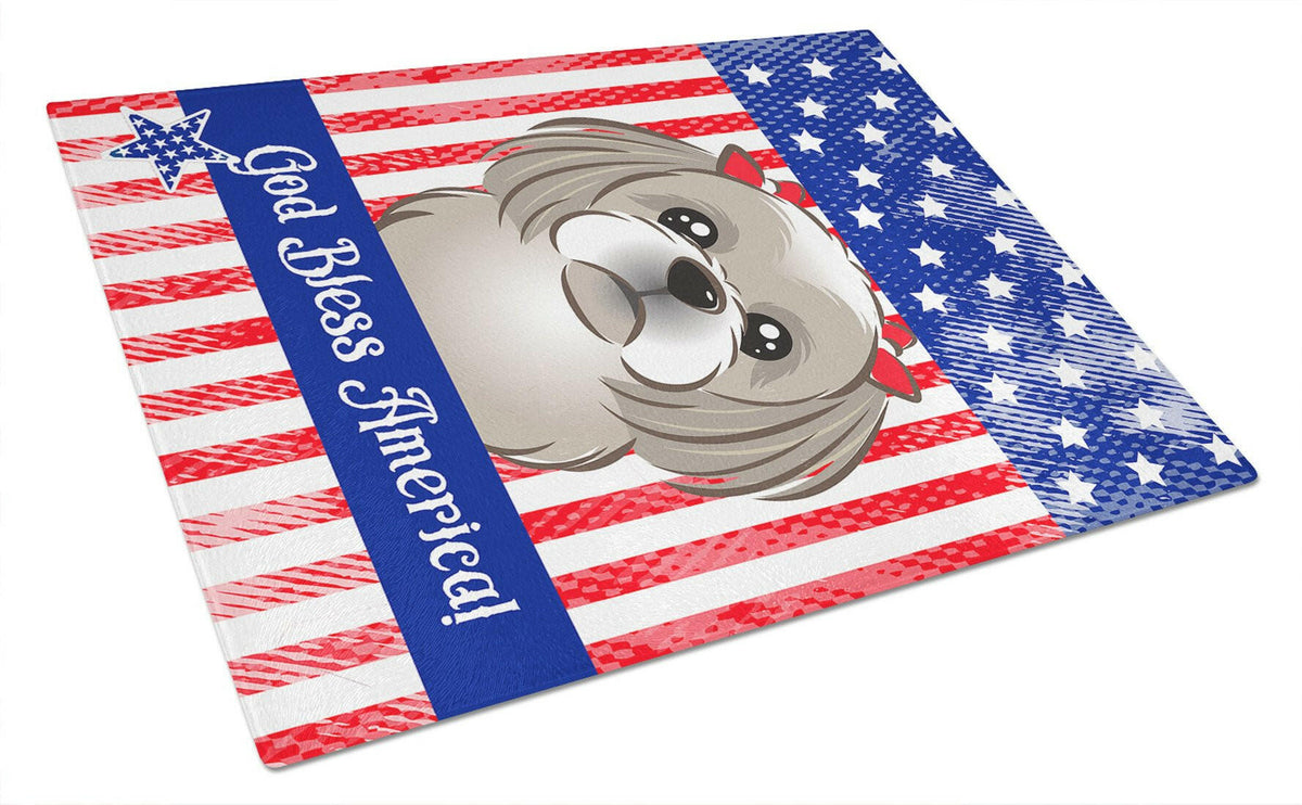 God Bless American Flag with Gray Silver Shih Tzu Glass Cutting Board Large BB2180LCB by Caroline&#39;s Treasures