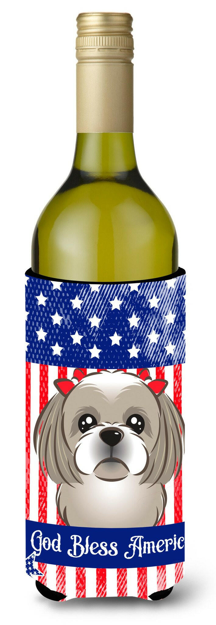 God Bless American Flag with Gray Silver Shih Tzu Wine Bottle Beverage Insulator Hugger BB2180LITERK by Caroline&#39;s Treasures