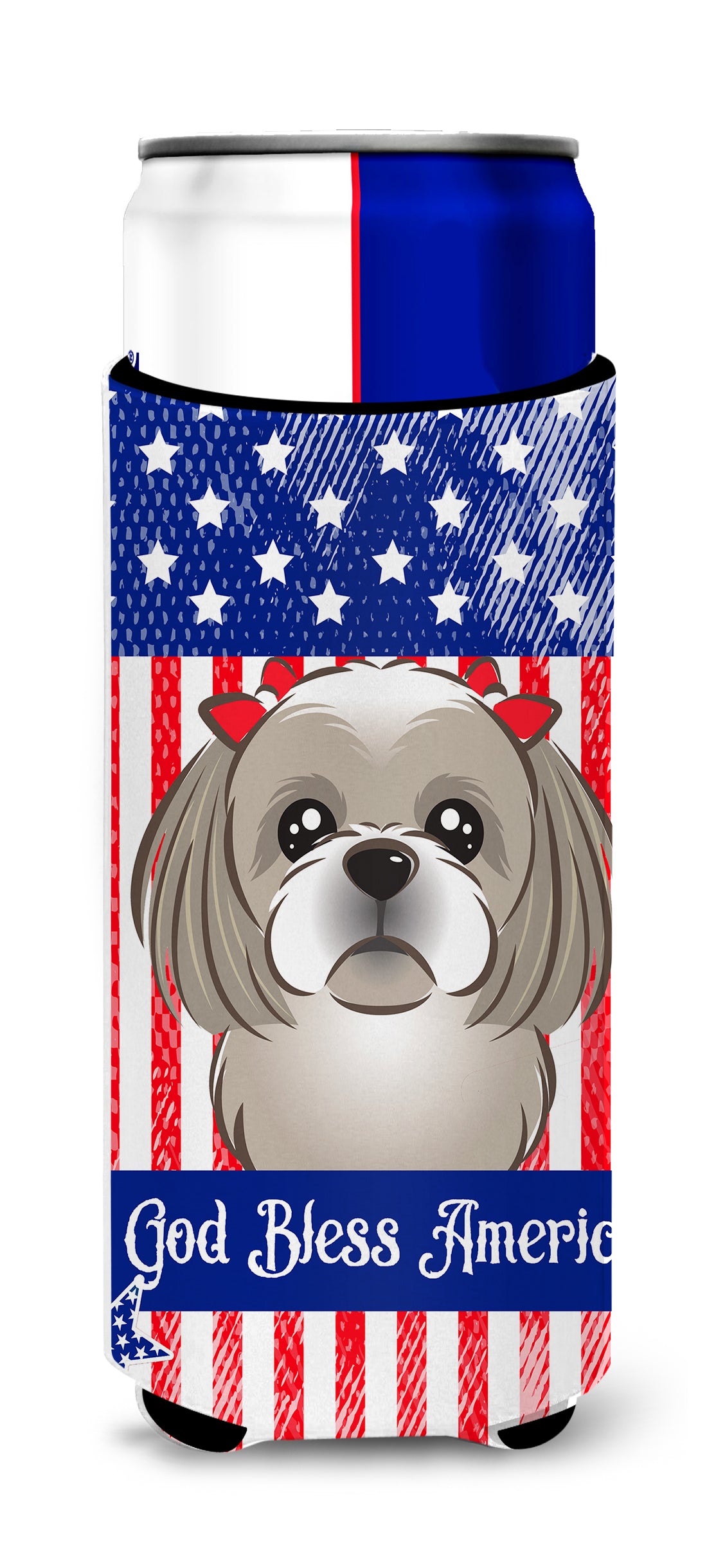 God Bless American Flag with Gray Silver Shih Tzu  Ultra Beverage Insulator for slim cans BB2180MUK  the-store.com.