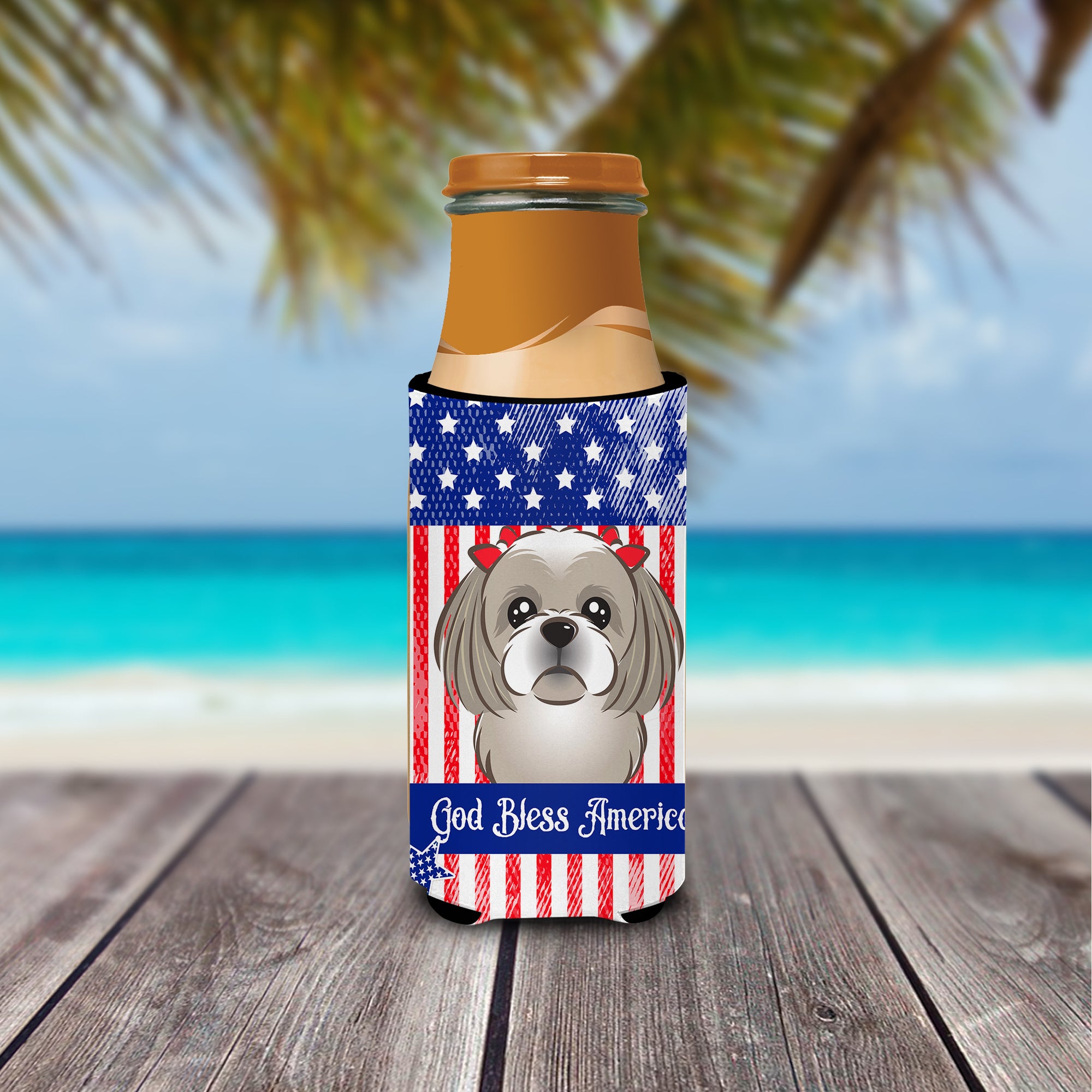God Bless American Flag with Gray Silver Shih Tzu  Ultra Beverage Insulator for slim cans BB2180MUK