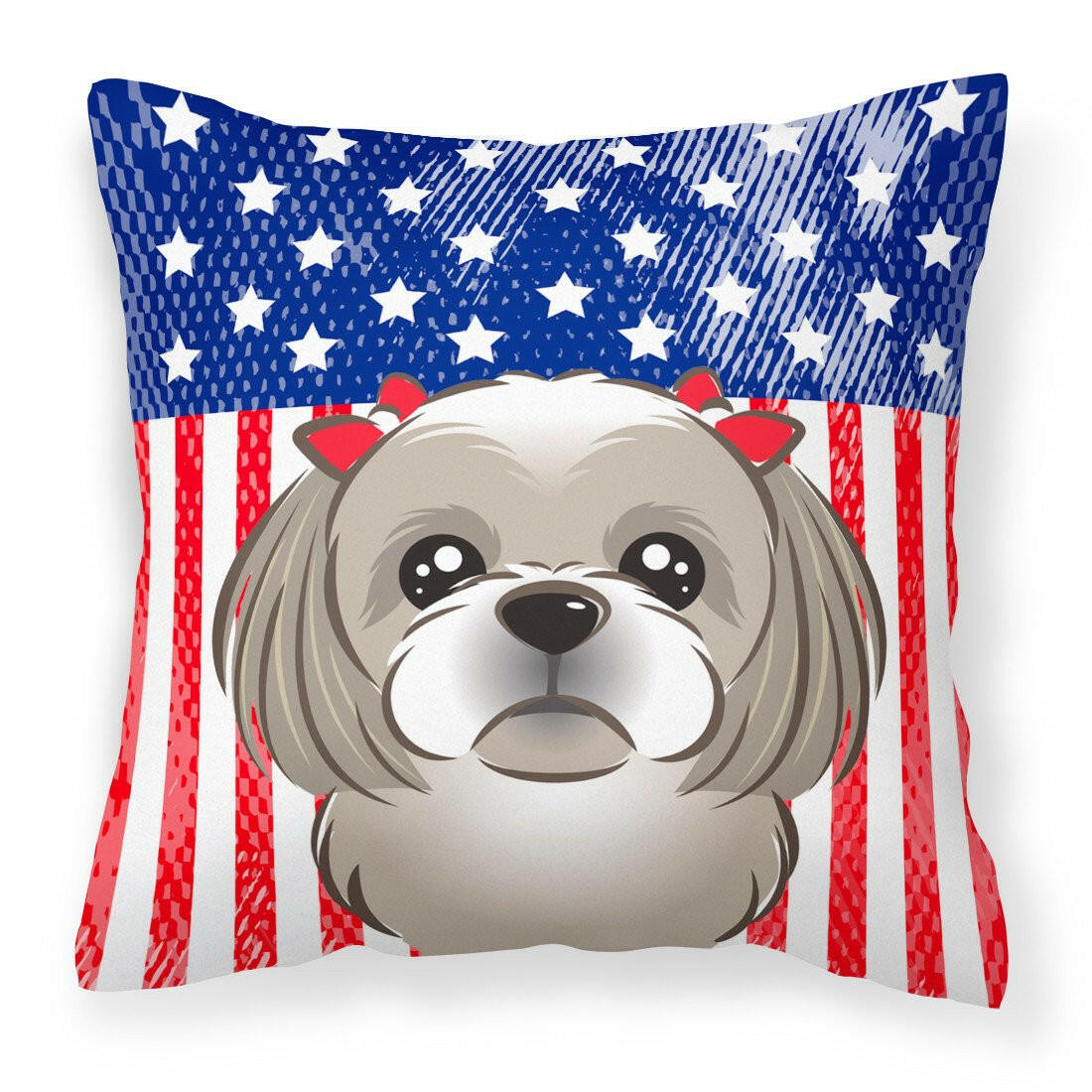 American Flag and Gray Silver Shih Tzu Fabric Decorative Pillow BB2180PW1414 - the-store.com