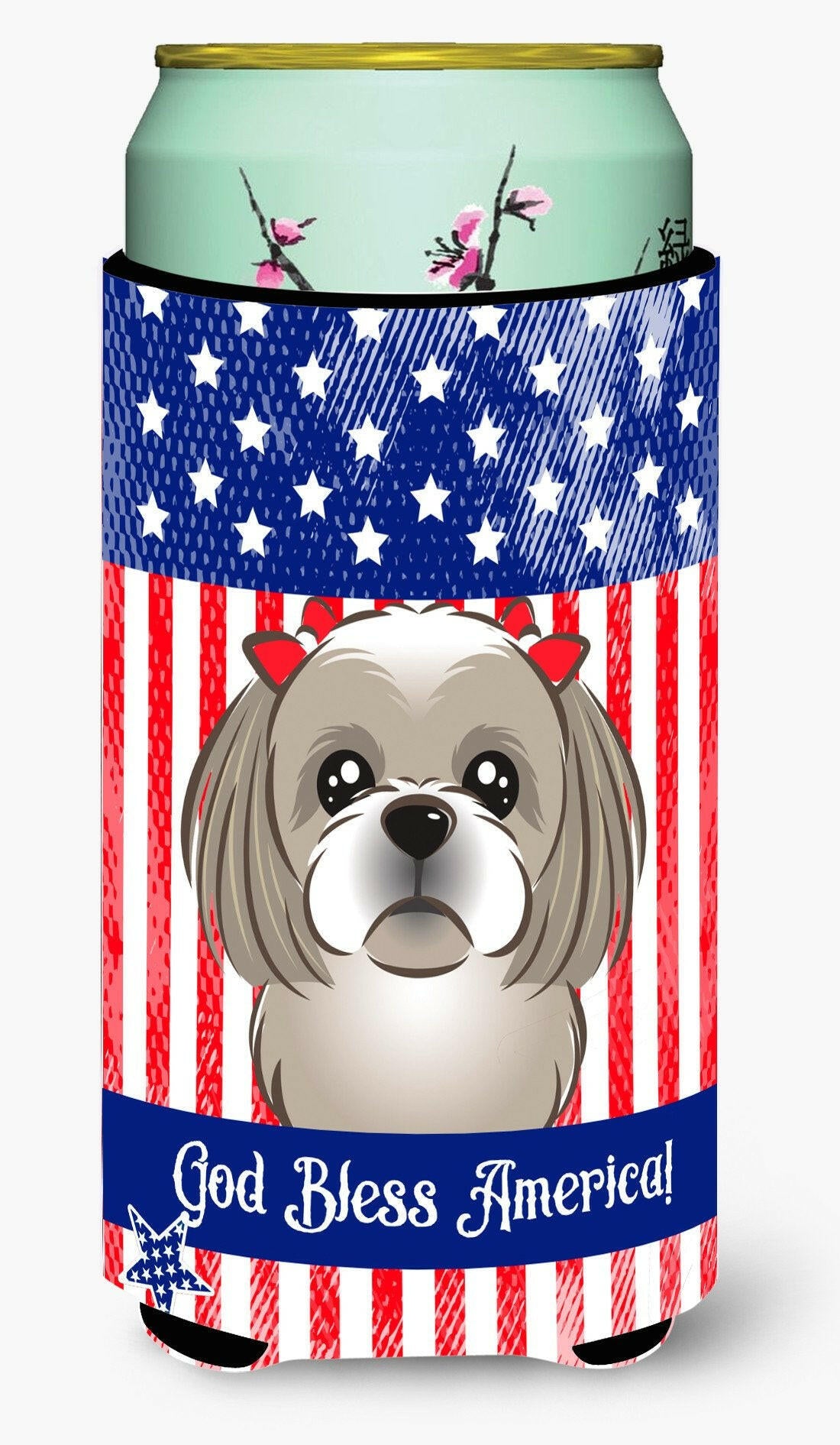 God Bless American Flag with Gray Silver Shih Tzu Tall Boy Beverage Insulator Hugger BB2180TBC by Caroline's Treasures