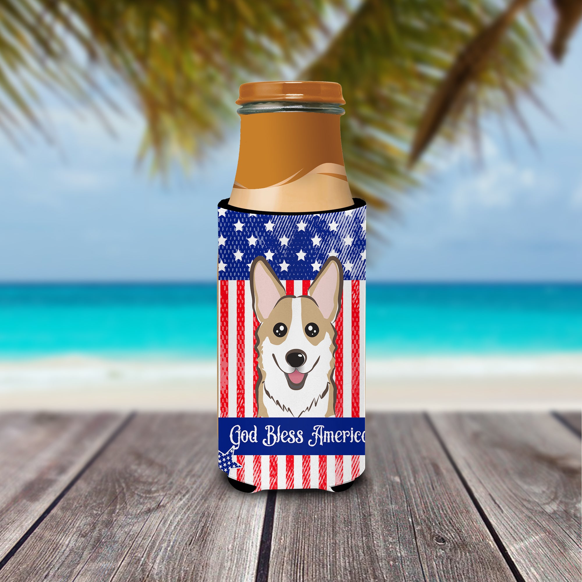 God Bless American Flag with Sable Corgi  Ultra Beverage Insulator for slim cans BB2183MUK  the-store.com.