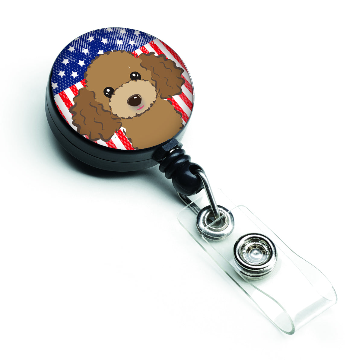 Bobine de badge rétractable drapeau américain et caniche marron chocolat BB2186BR