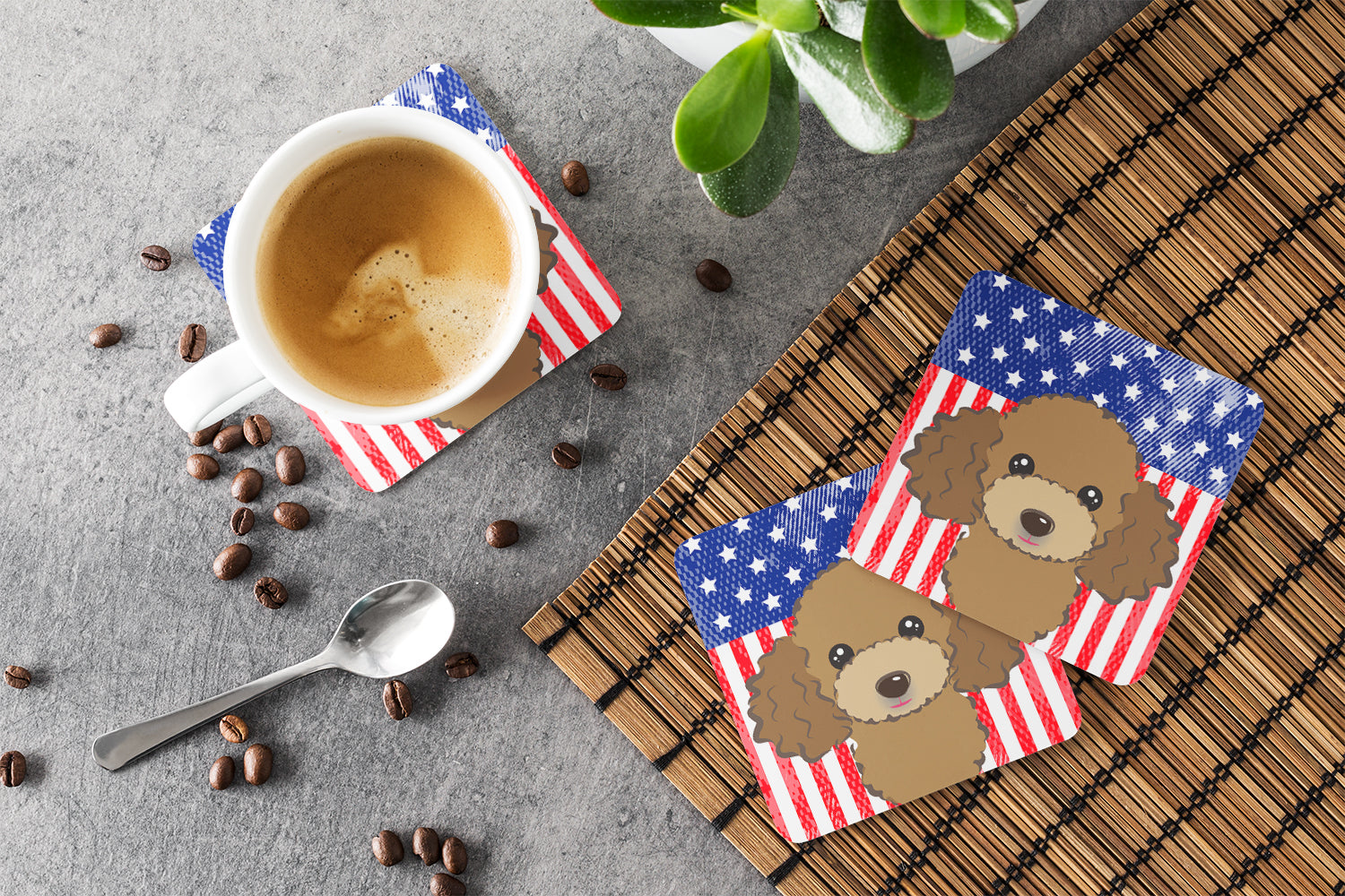 American Flag and Chocolate Brown Poodle Foam Coaster Set of 4 - the-store.com
