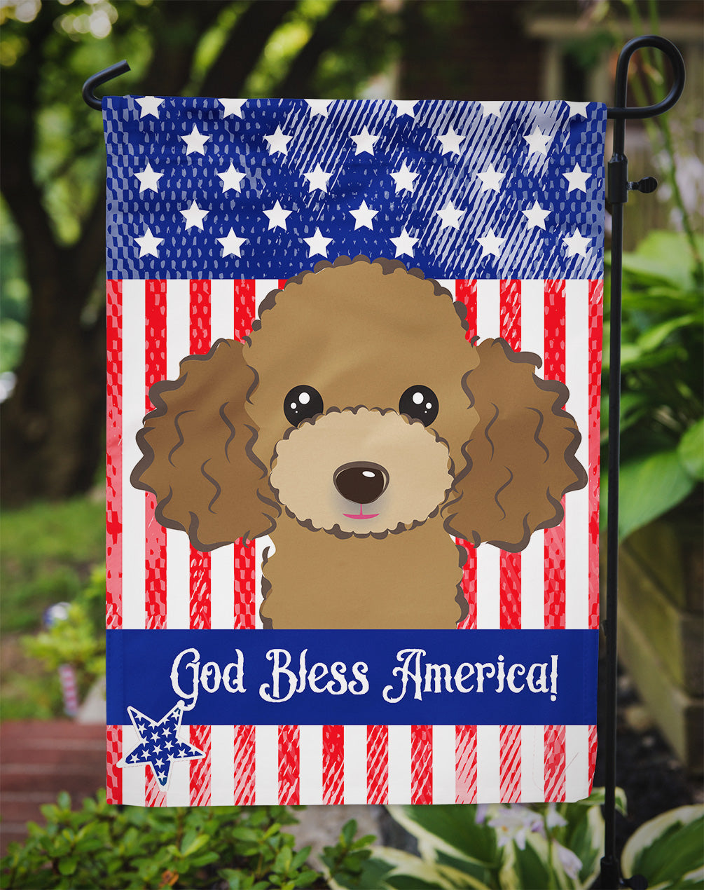 God Bless American Flag with Chocolate Brown Poodle Flag Garden Size BB2186GF.