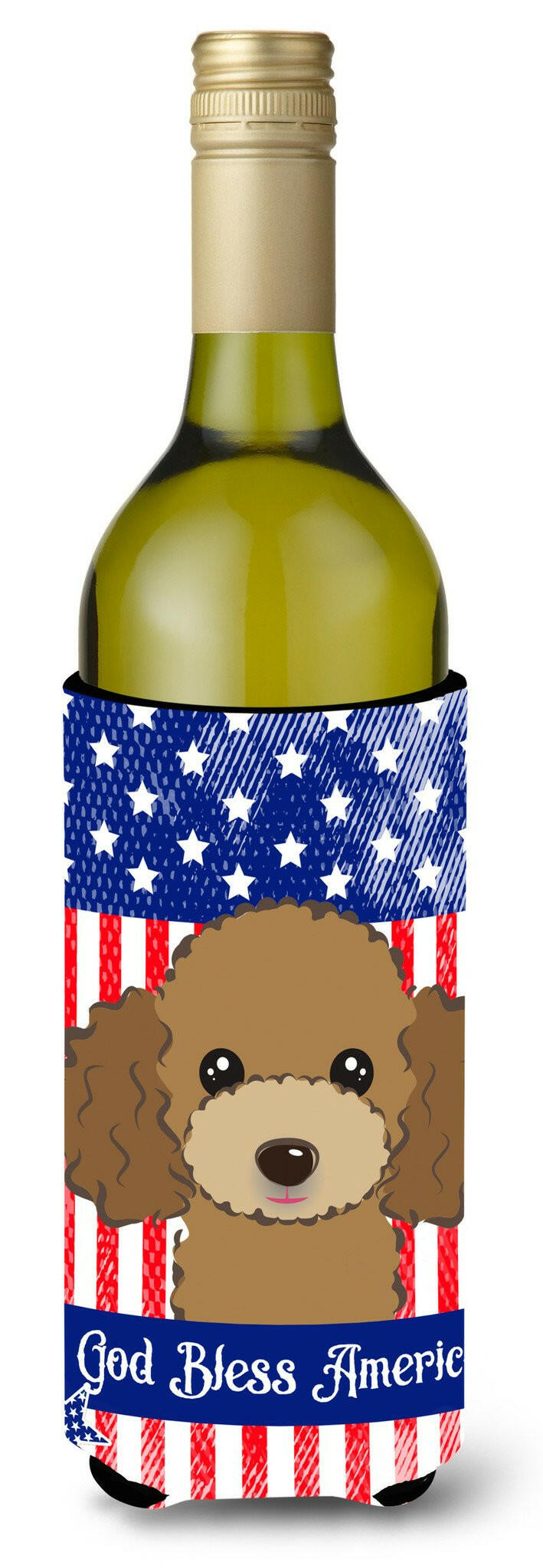 God Bless American Flag with Chocolate Brown Poodle Wine Bottle Beverage Insulator Hugger BB2186LITERK by Caroline&#39;s Treasures