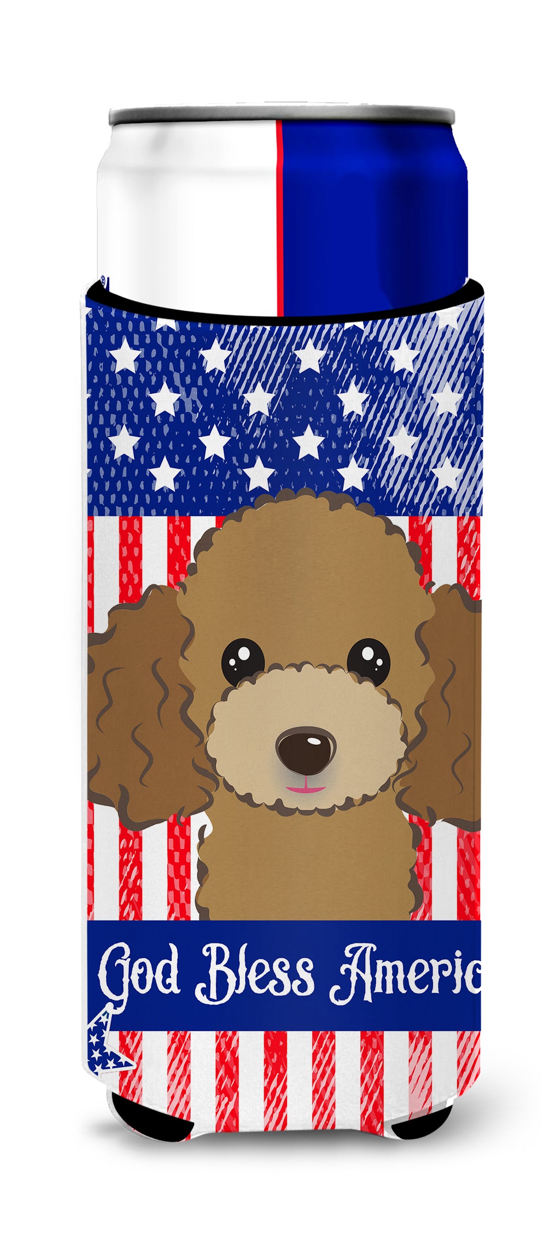 God Bless American Flag with Chocolate Brown Poodle  Ultra Beverage Insulator for slim cans BB2186MUK  the-store.com.