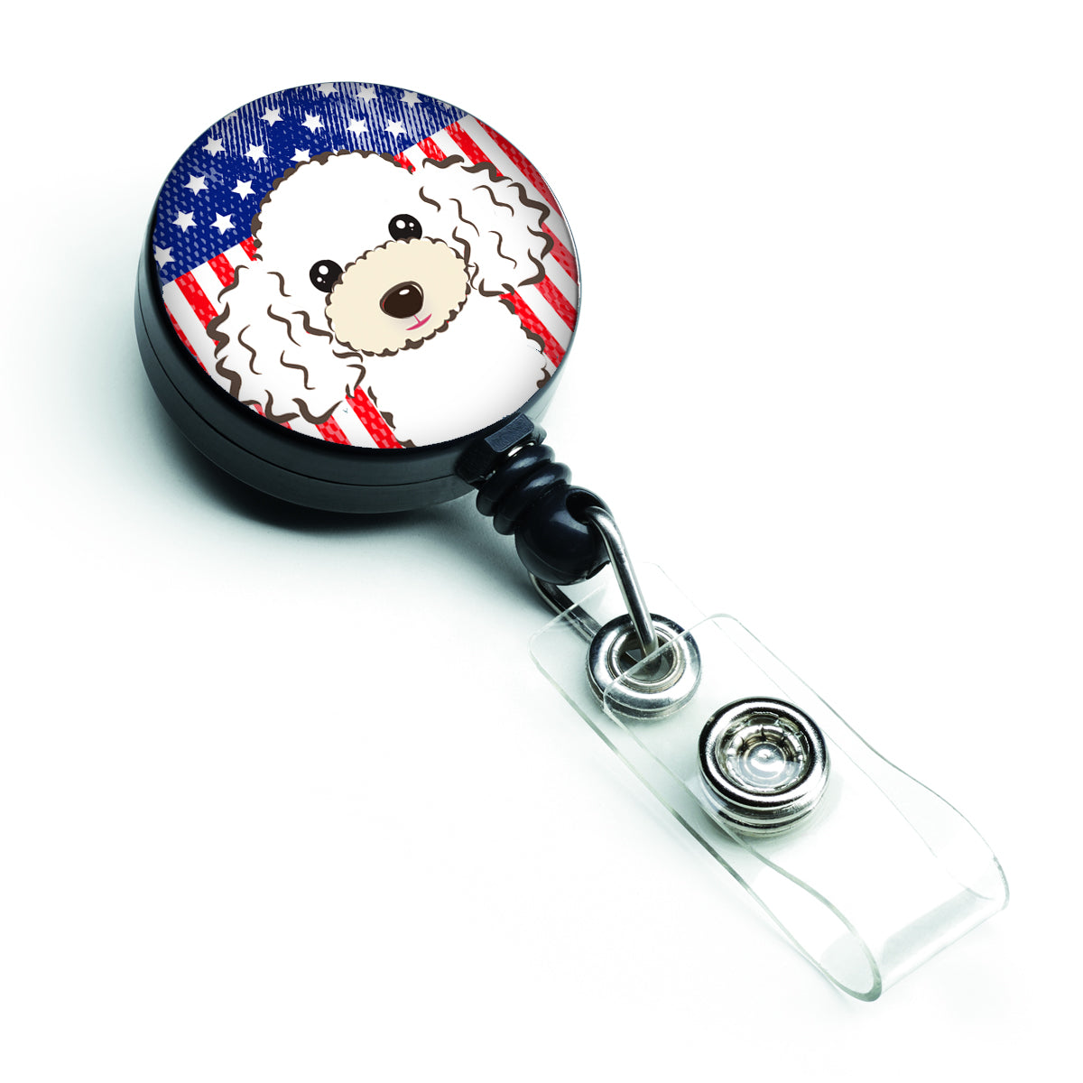 American Flag and White Poodle Retractable Badge Reel BB2187BR