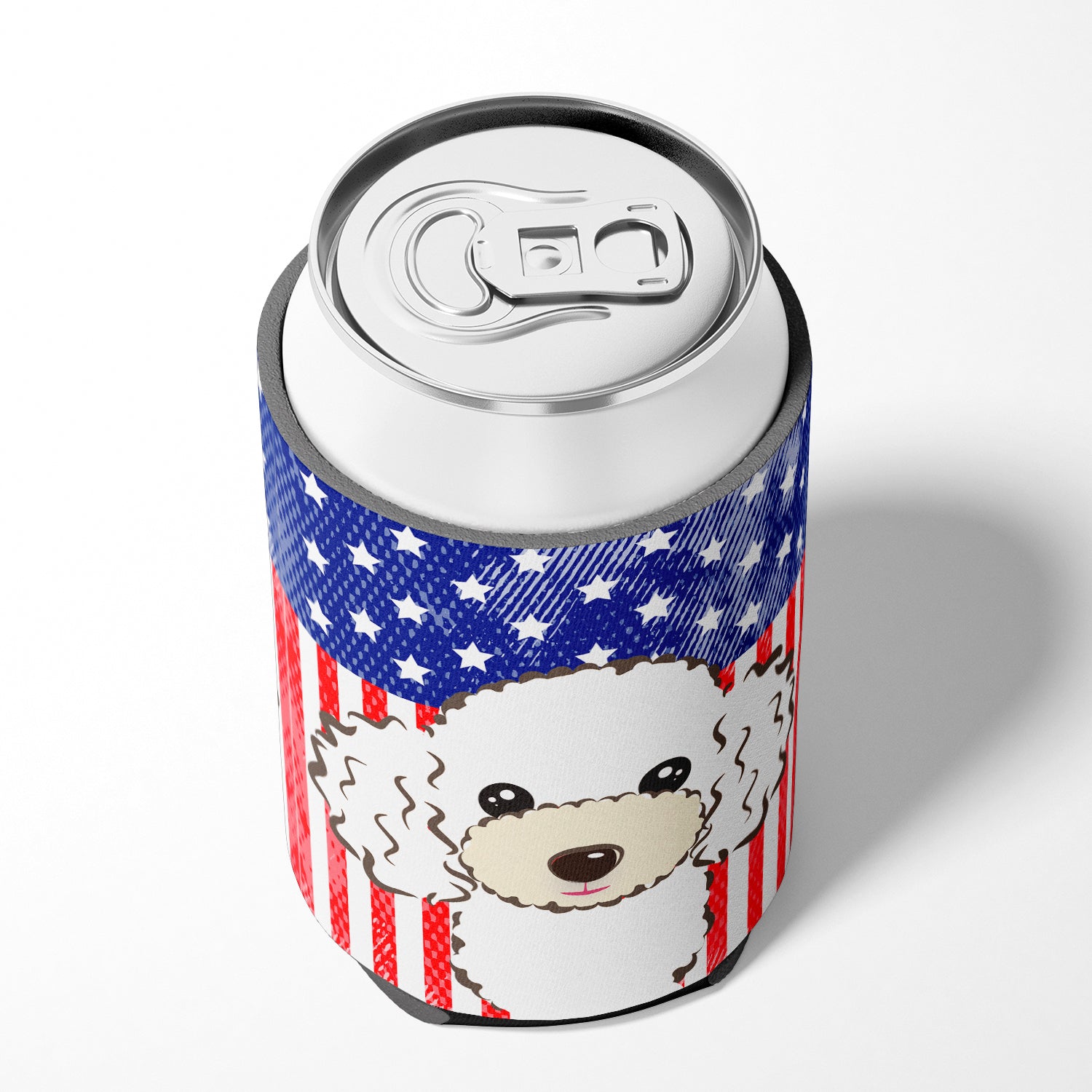American Flag and White Poodle Can or Bottle Hugger BB2187CC.