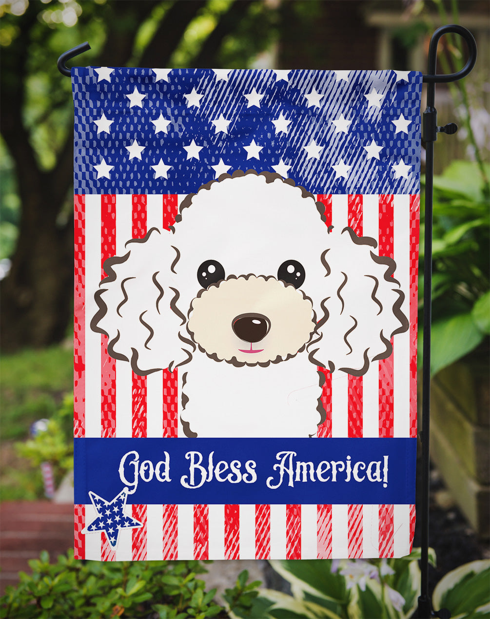 God Bless American Flag with White Poodle Flag Garden Size BB2187GF.