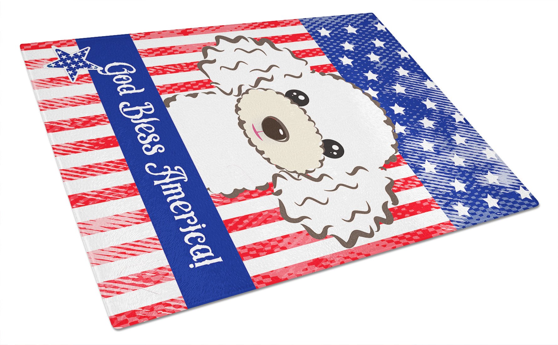 God Bless American Flag with White Poodle Glass Cutting Board Large BB2187LCB by Caroline's Treasures