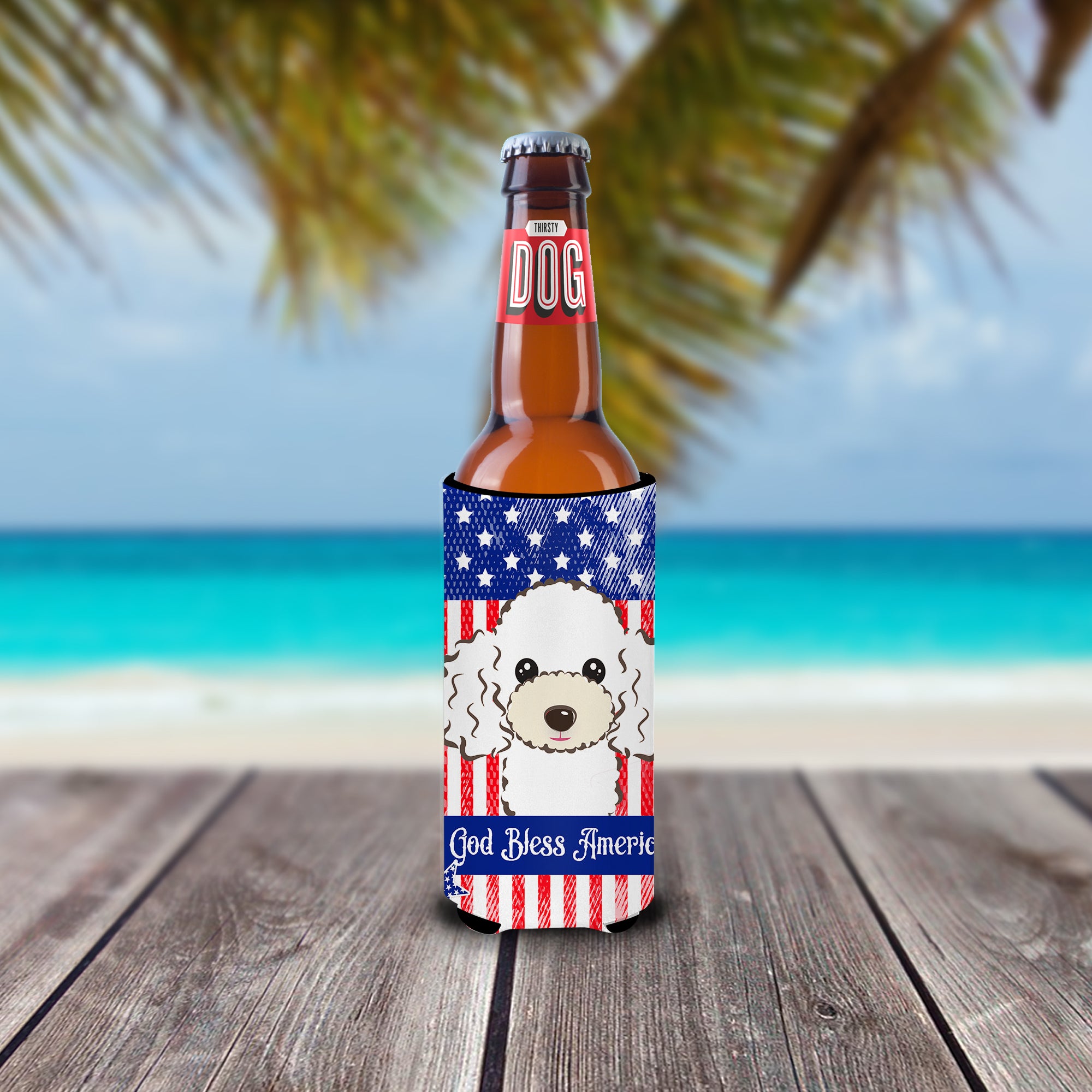 God Bless American Flag with White Poodle  Ultra Beverage Insulator for slim cans BB2187MUK  the-store.com.