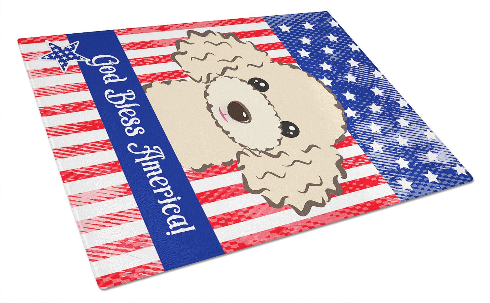 God Bless American Flag with Buff Poodle Glass Cutting Board Large BB2188LCB by Caroline's Treasures