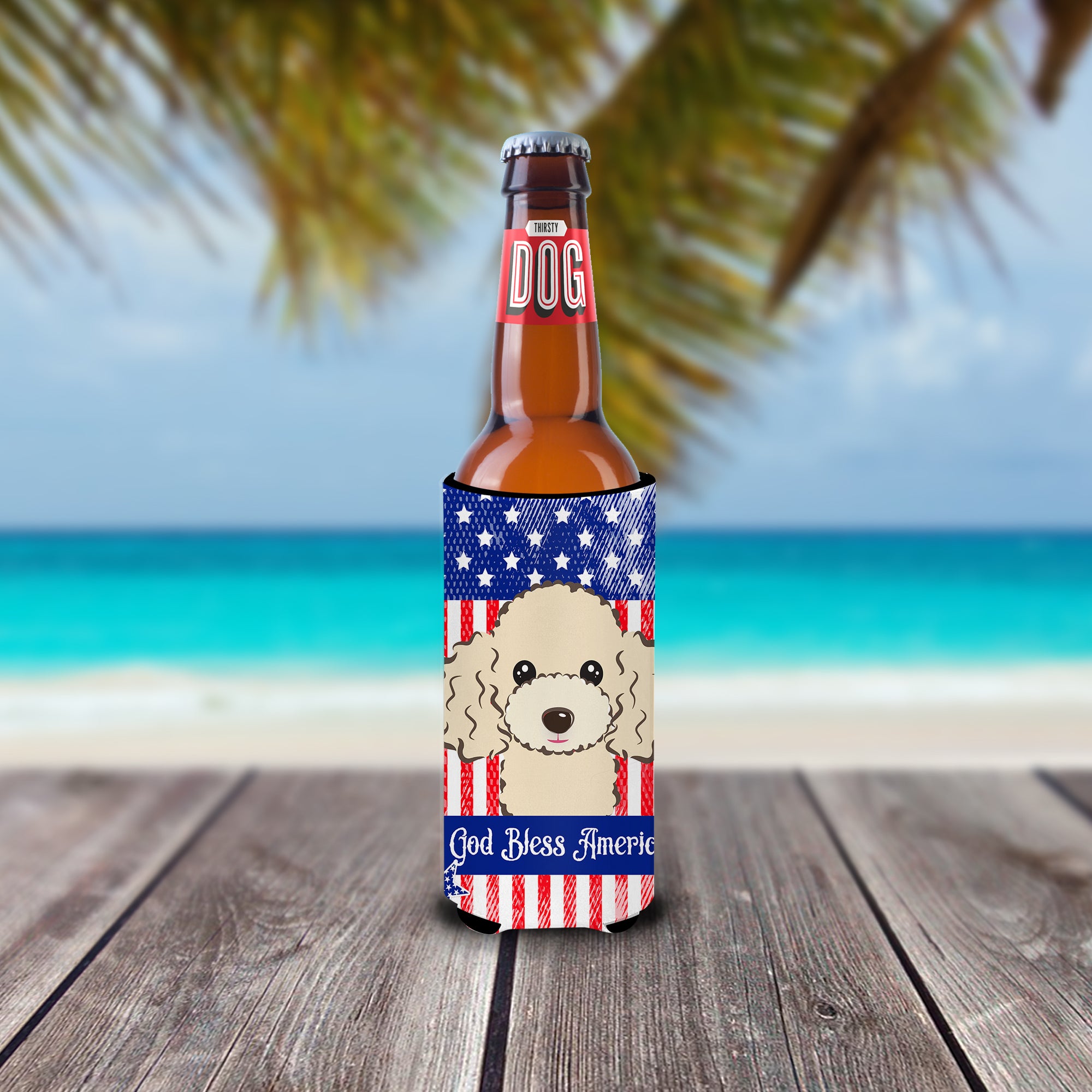 God Bless American Flag with Buff Poodle  Ultra Beverage Insulator for slim cans BB2188MUK  the-store.com.