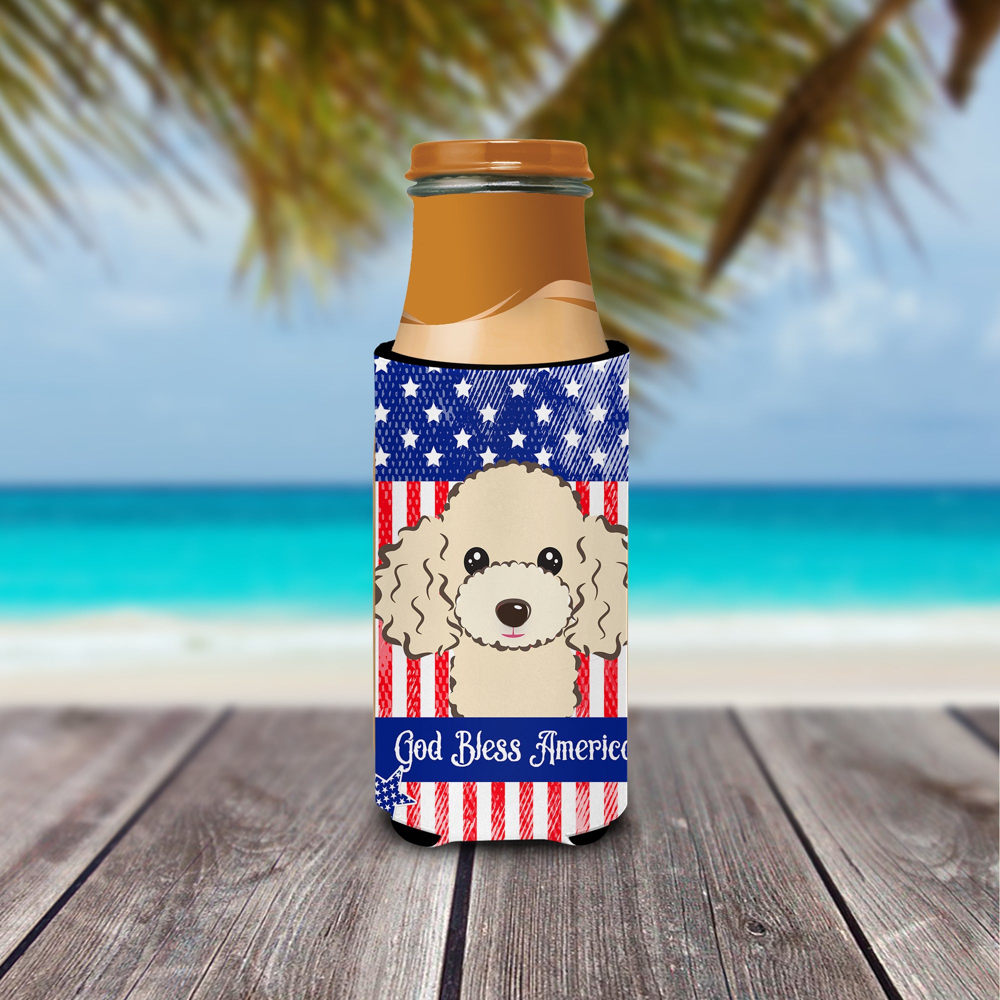 God Bless American Flag with Buff Poodle  Ultra Beverage Insulator for slim cans BB2188MUK