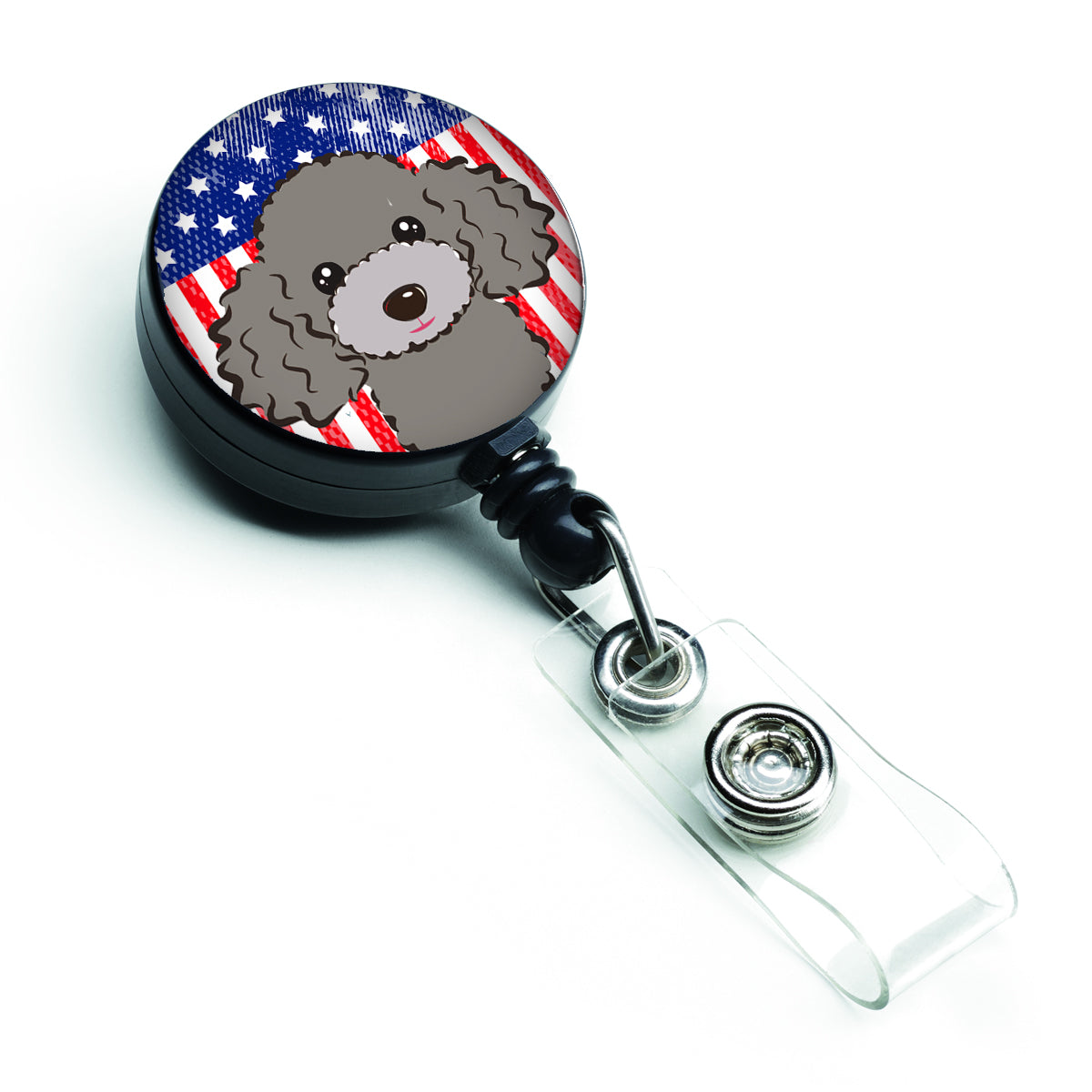 Bobine de badge rétractable drapeau américain et caniche gris argenté BB2189BR