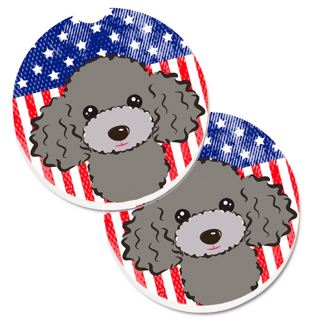 American Flag and Silver Gray Poodle Set of 2 Cup Holder Car Coasters BB2189CARC by Caroline&#39;s Treasures