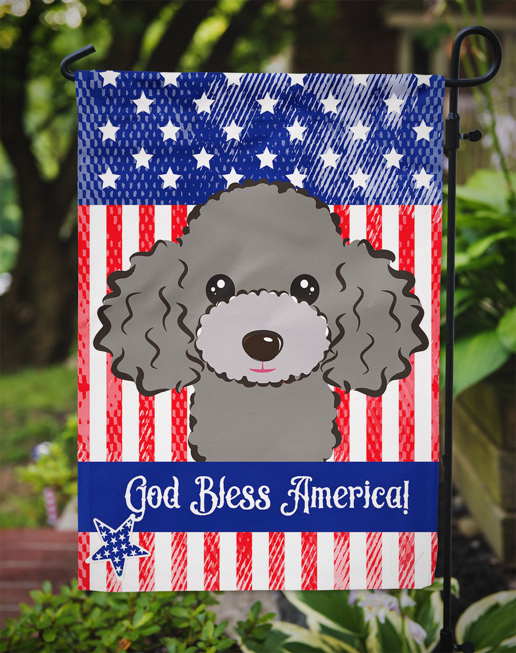 God Bless American Flag with Silver Gray Poodle Flag Garden Size BB2189GF.