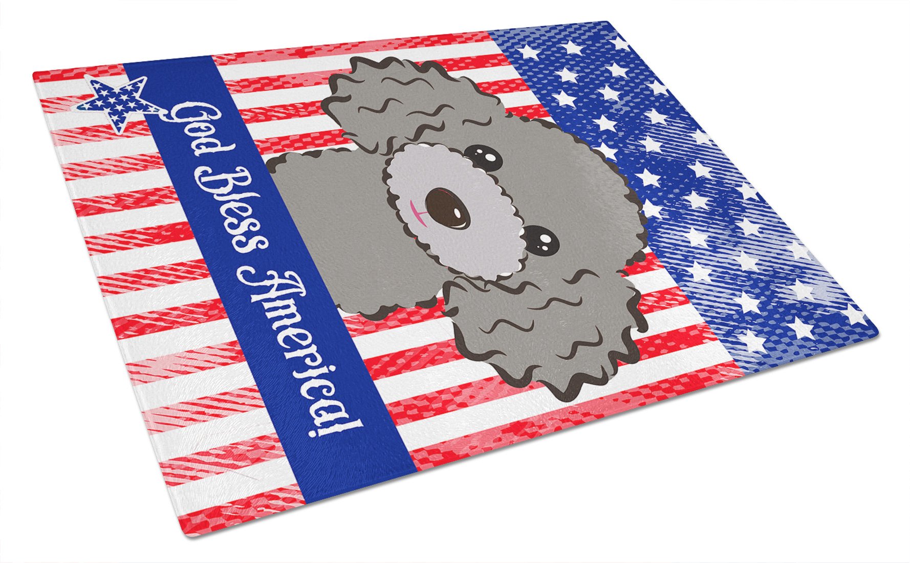 God Bless American Flag with Silver Gray Poodle Glass Cutting Board Large BB2189LCB by Caroline's Treasures