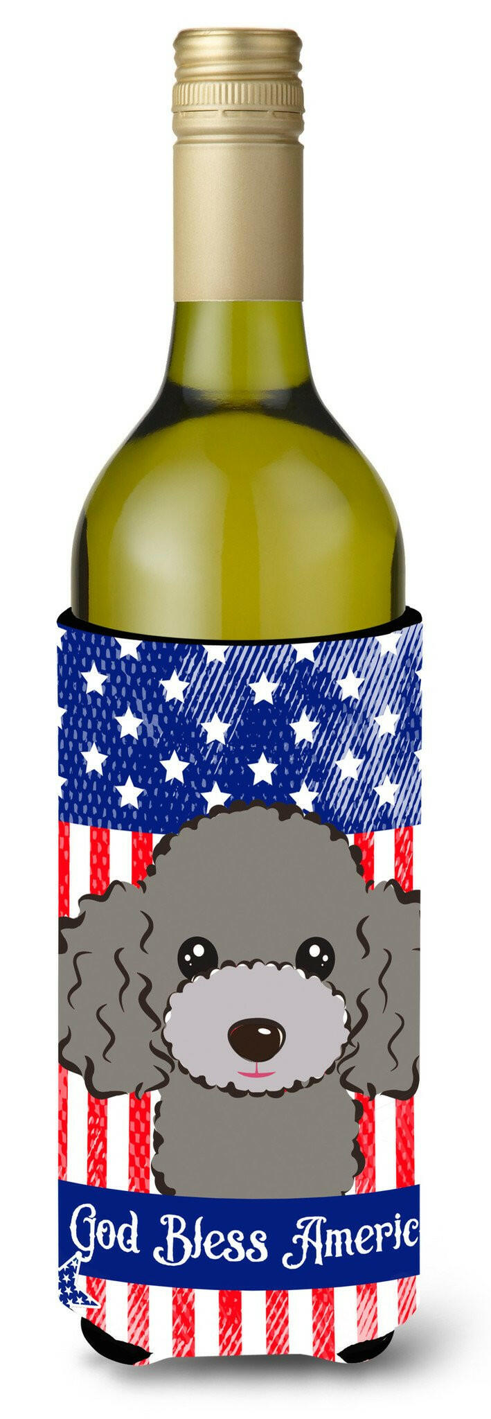 God Bless American Flag with Silver Gray Poodle Wine Bottle Beverage Insulator Hugger BB2189LITERK by Caroline&#39;s Treasures