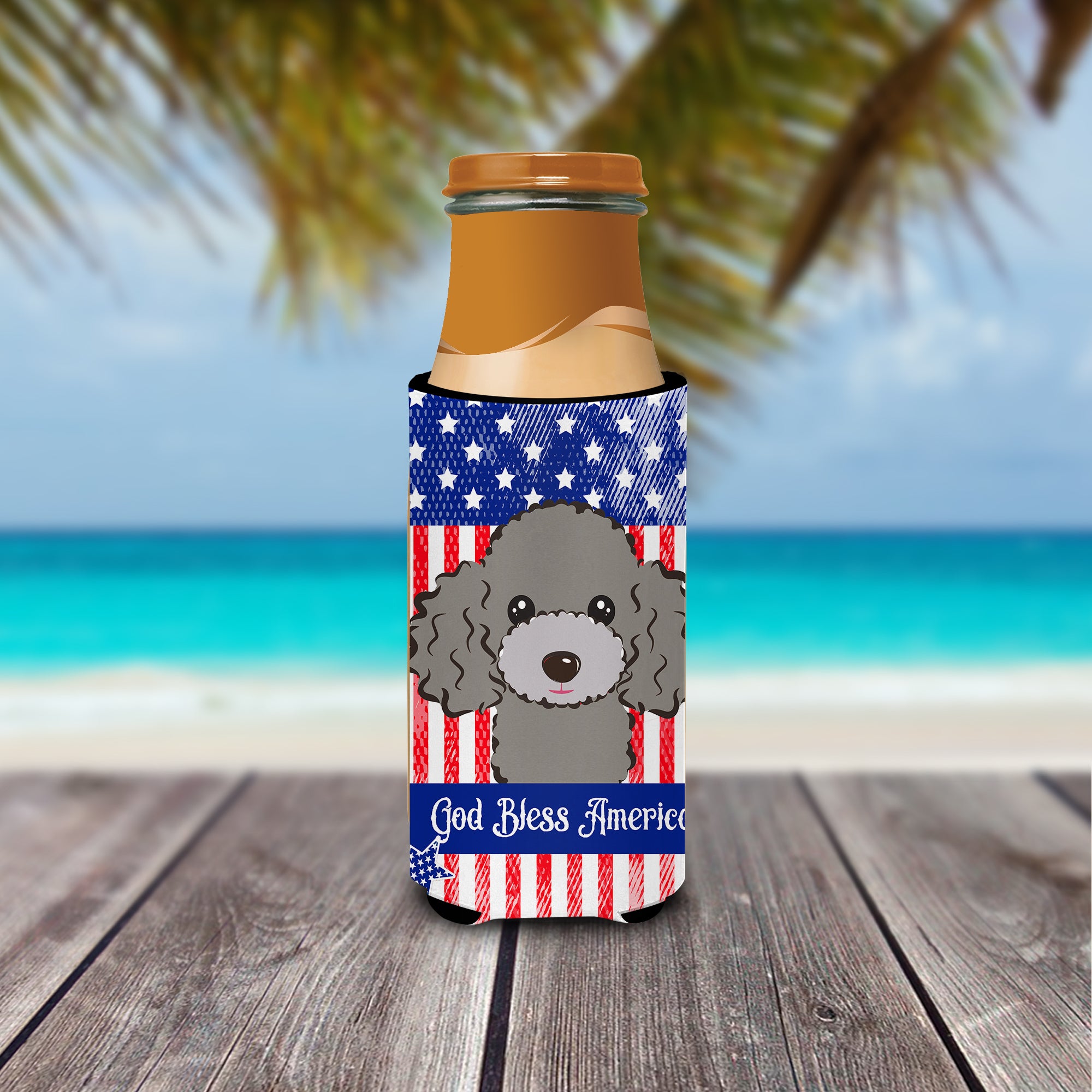 God Bless American Flag with Silver Grey Poodle Michelob Ultra Beverage Insulator pour canettes minces BB2189MUK